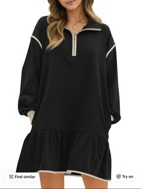 Casual Black Long-Sleeve Zip-Neck Ruffle Hem Dress